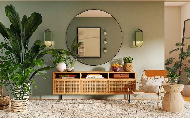 room decorated in green colours with a mirror